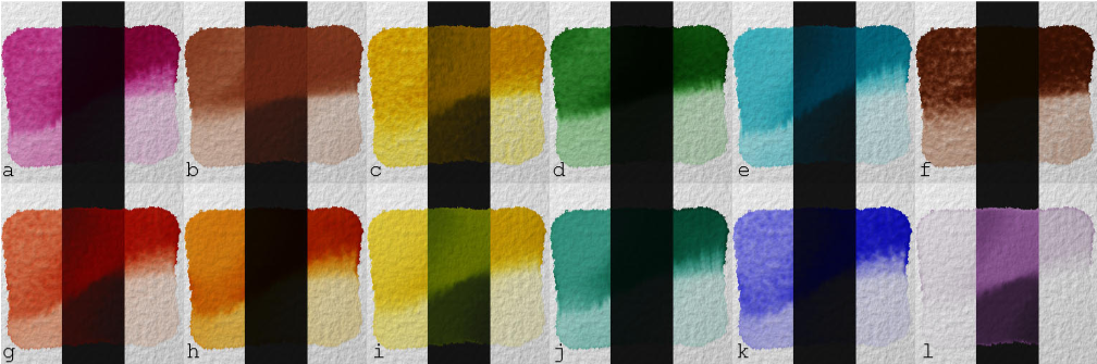 Various synthetic pigments generated using the Kubelka Munk theory and the heuristic proposed in [Watercolor]