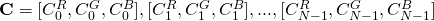 \mathbf{C} = { [C_0^R, C_0^G, C_0^B], [C_1^R, C_1^G, C_1^B], ..., [C_{N-1}^R, C_{N-1}^G, C_{N-1}^B] }